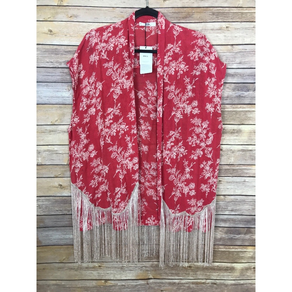Mango MNG Vest Womens One‎ Size Open Front Caftan Fringe Trim Top Floral Boho